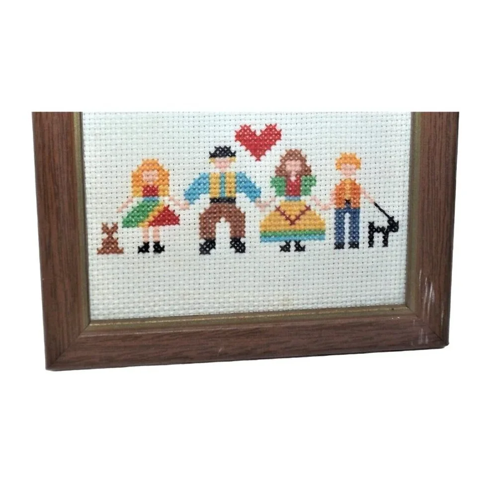 Vintage Framed Counted Cross Stitch Picture  God Bless Our Family  5 X 7